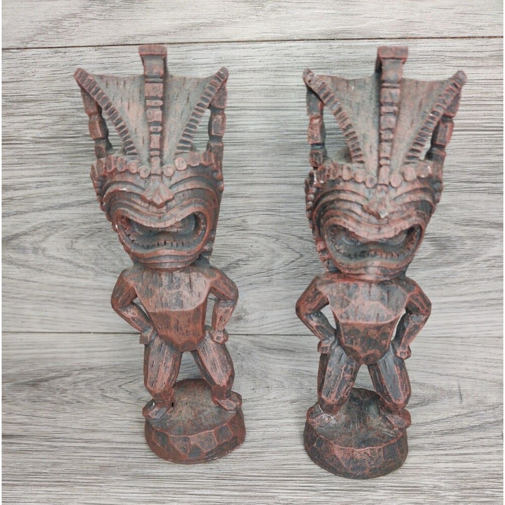 Primitive Tiki Tribal Men Face Polystone Sculptures 6” Lot Of 2, Decor
